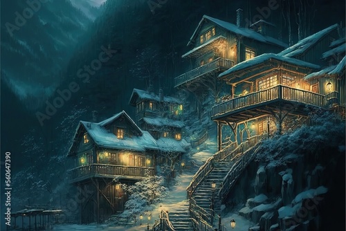 Night northern town, winter village