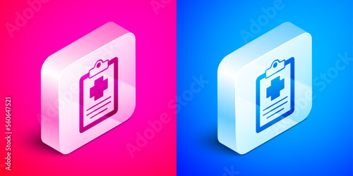 Isometric Medical clipboard with clinical record icon isolated on pink and blue background. Prescription, medical check marks report. Silver square button. Vector