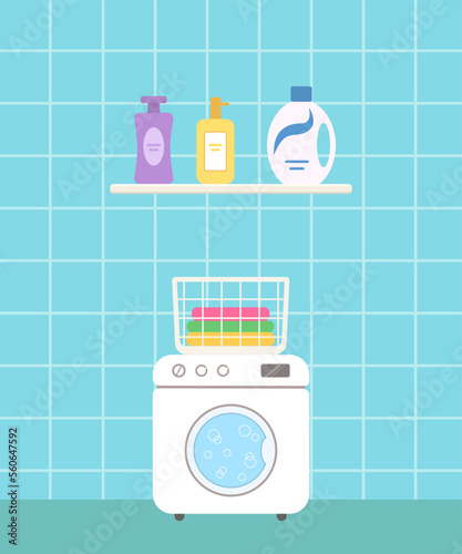Washing machine in laundry room on blue background. Home interior concept. Cartoon flat style. Vector illustration