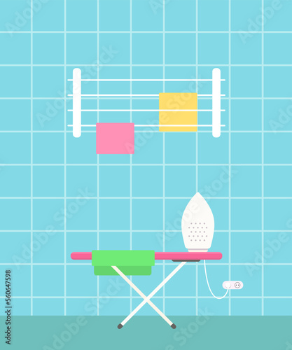 Ironing board with iron, and clothes dryer in laundry room on blue background. Home interior concept. Cartoon flat style. Vector illustration