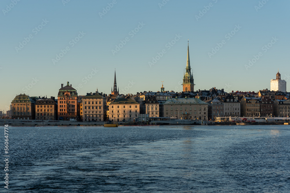 Stockholm old town (Gamla Stan) seen from the boat on sunny day