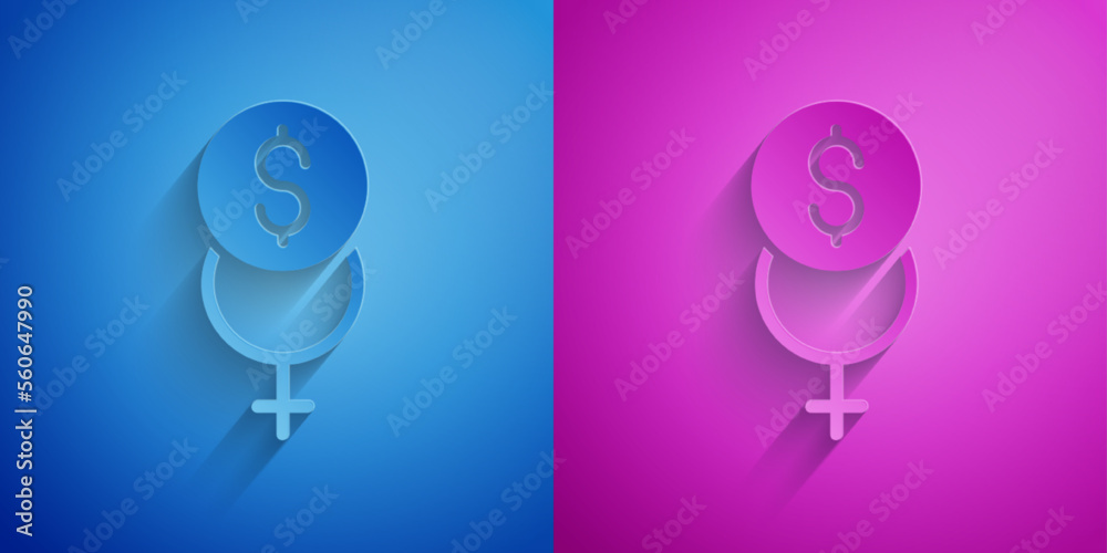 Paper cut Feminism finance icon isolated on blue and purple background. Fight for freedom, independence, equality. Paper art style. Vector Paper cut Feminism finance icon isolated on blue and purple background. Fight for freedom, independence, equality. Paper art style. Vector