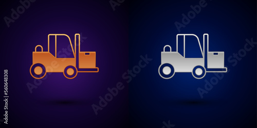 Gold and silver Forklift truck icon isolated on black background. Fork loader and cardboard box. Cargo delivery, shipping, transportation. Vector