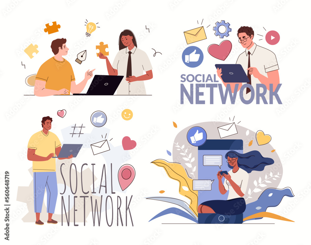 Life of people in social networks: work, education, communication, business, shopping, entertainment. Conceptual set of vector characters flat cartoon illustrations.