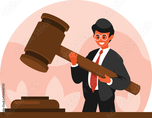 Court worker concept. Man hits with hammer, Concept for law and adoption of judicial decision. Lawyer holding big gavel. Attorney executing justice. Vector graphics