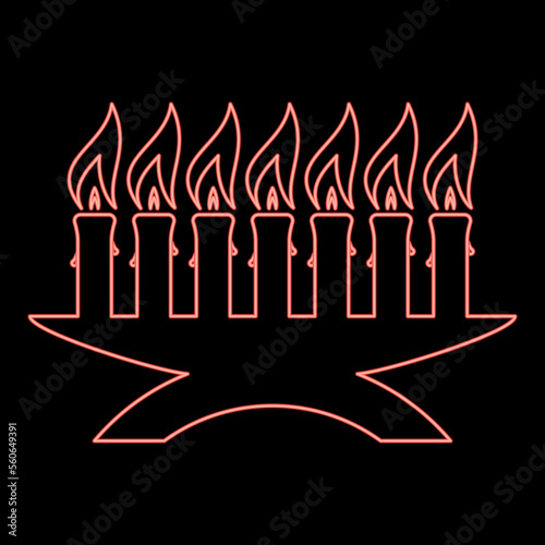 Neon kwanzaa candles glowing African holiday Seven candle on candlestick American ethnic cultural holiday red color vector illustration image flat style