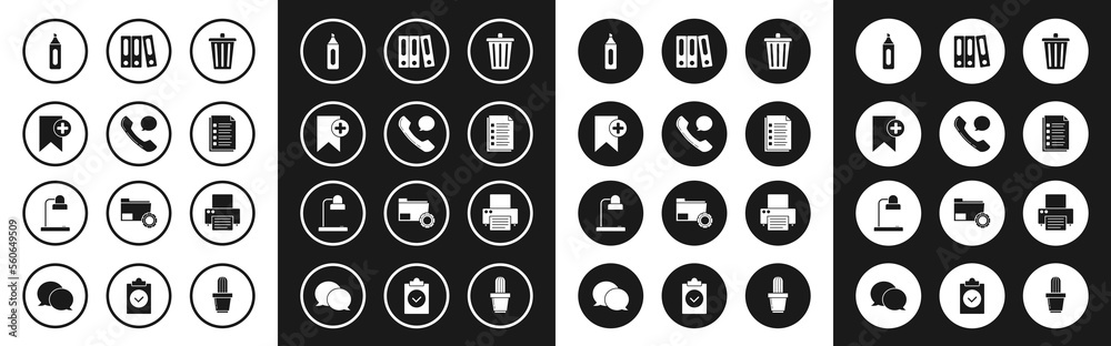 Set Trash can, Telephone handset and speech bubble chat, Bookmark, Marker pen, File document, Office folders with papers documents, Printer and Table lamp icon. Vector Set Trash can, Telephone handset and speech bubble chat, Bookmark, Marker pen, File document, Office folders with papers documents, Printer and Table lamp icon. Vector