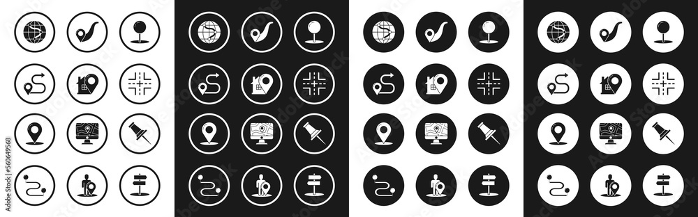 Set Push pin, Map pointer with house, Route location, Location the globe, Road traffic sign, and icon. Vector