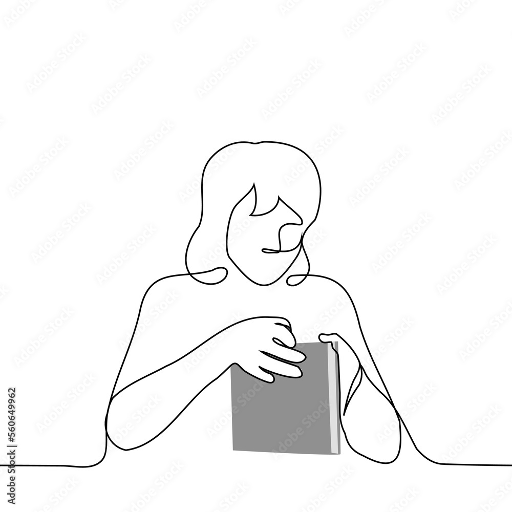 © Kamila Bay - female student opens a book sitting at the table - one line drawing vector. the concept of a reader in the library, book addiction, a student with a textbook