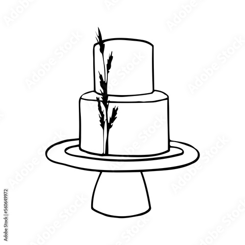 two tiered minimalistic wedding cake decorated with spikelets of a cereal plant - hand drawn doodle vector drawing of a wedding dessert in a minimalist style