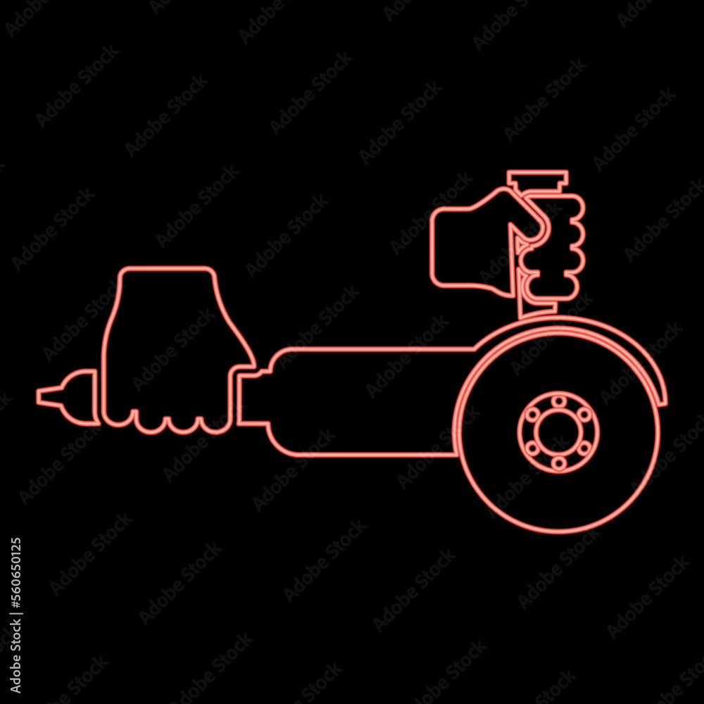 Neon surface grinder in hand tool in use Arm Electric circular saw angle with discs hand-held Bulgarian Polisher sander machine for treatment cutting red color vector illustration image flat style Neon surface grinder in hand tool in use Arm Electric circular saw angle with discs hand-held Bulgarian Polisher sander machine for treatment cutting red color vector illustration image flat style