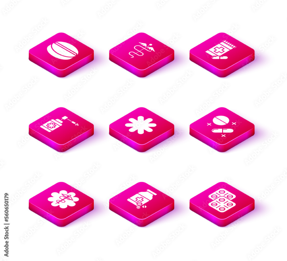 Set Emergency star medical symbol Caduceus snake with stick, Medicine bottle and pills, Medical nozzle spray, Cross hospital, Pills blister pack, or tablet, and icon. Vector Set Emergency star medical symbol Caduceus snake with stick, Medicine bottle and pills, Medical nozzle spray, Cross hospital, Pills blister pack, or tablet, and icon. Vector
