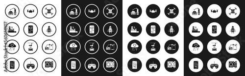 Set Drone flying with action camera, Bot, Factory conveyor system belt, Industrial machine robotic robot arm hand, Robot, 3D printer and Internet of things icon. Vector