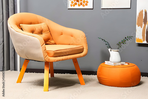 Wallpaper Mural orange patone armchair in room, with carpet, table and vase Generative AI Torontodigital.ca