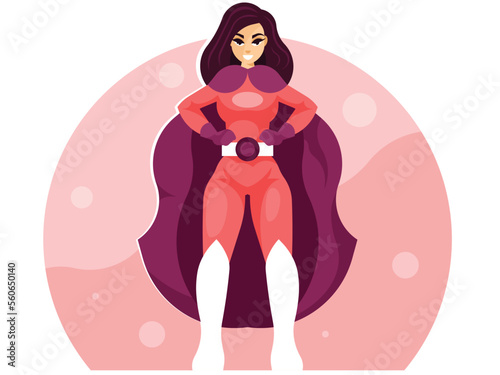 Super woman. Smiling friendly confident young woman in superhero costume. Vector illustration