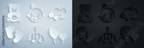 Set Baby crib hanging toys, Rattle baby, footprints, Balloons form of heart, Happy little girl head and Teddy bear plush icon. Vector