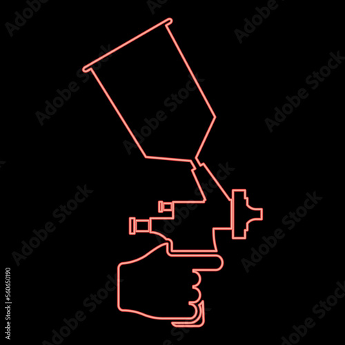 Neon spray gun holding in hand Sprayer using Arm use tool atomizer pulverizer red color vector illustration image flat style