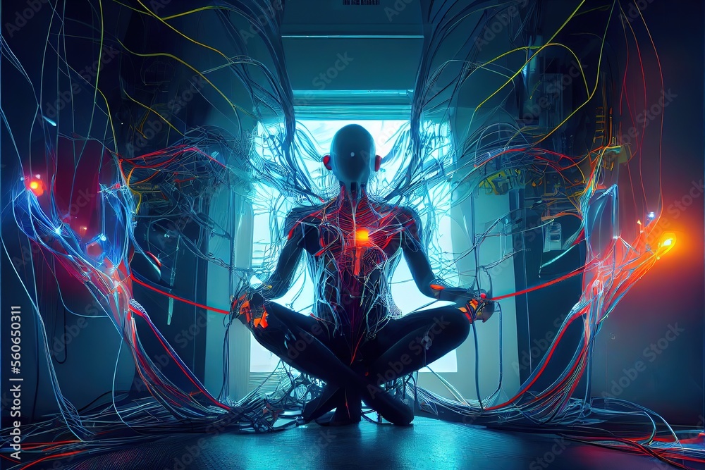 Naklejka Human body meditating in Lotus pose against window AI