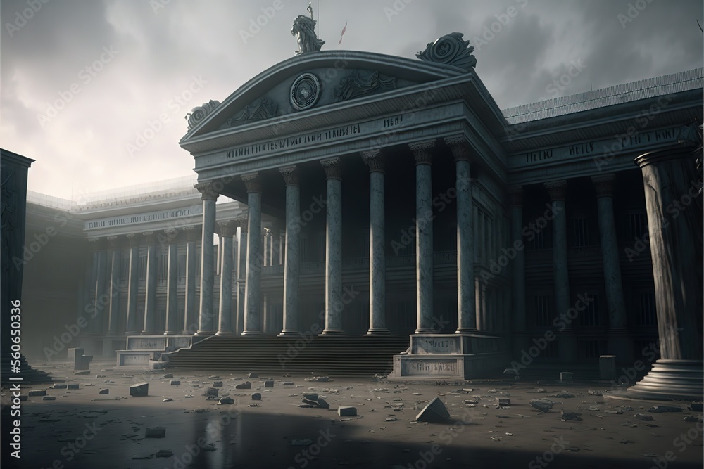 Fototapeta premium Ancient building with columns surrounded with debris AI
