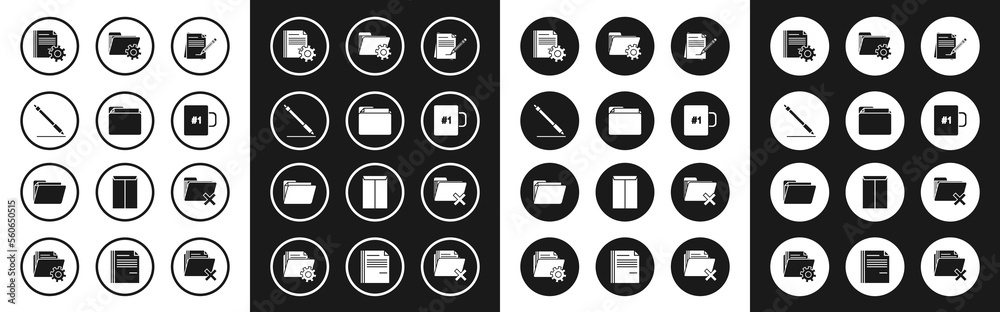 Set Blank notebook and pencil with eraser, Document folder, Pen line, settings gears, Coffee cup, Folder, Delete and icon. Vector Set Blank notebook and pencil with eraser, Document folder, Pen line, settings gears, Coffee cup, Folder, Delete and icon. Vector