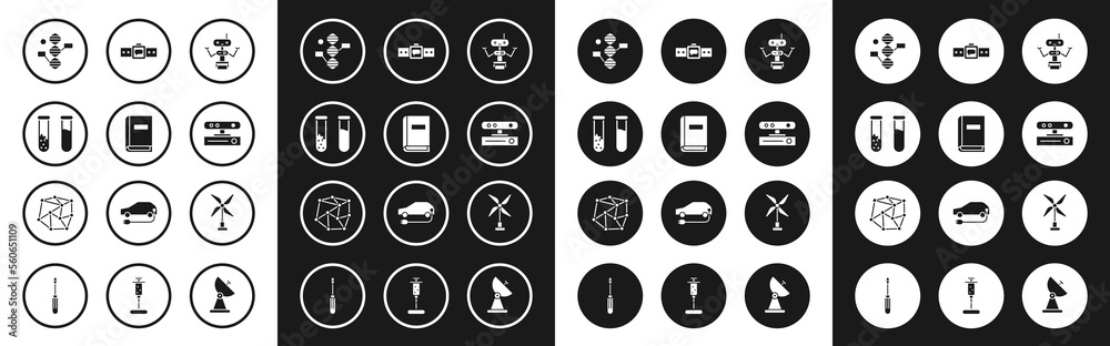 Set Robot, User manual, Test tube and flask, DNA symbol, Motion sensor, Smartwatch, Wind turbine and Neural network icon. Vector