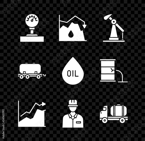 Set Gauge scale, Drop in crude oil price, Oil pump or pump jack, increase, Oilman, Tanker truck, railway cistern and drop icon. Vector