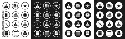 Set Hexagram sheriff, Retro typewriter, Prison cell door, Anonymous with question mark, Clock, Search computer screen, Prisoner and Sniper rifle scope icon. Vector