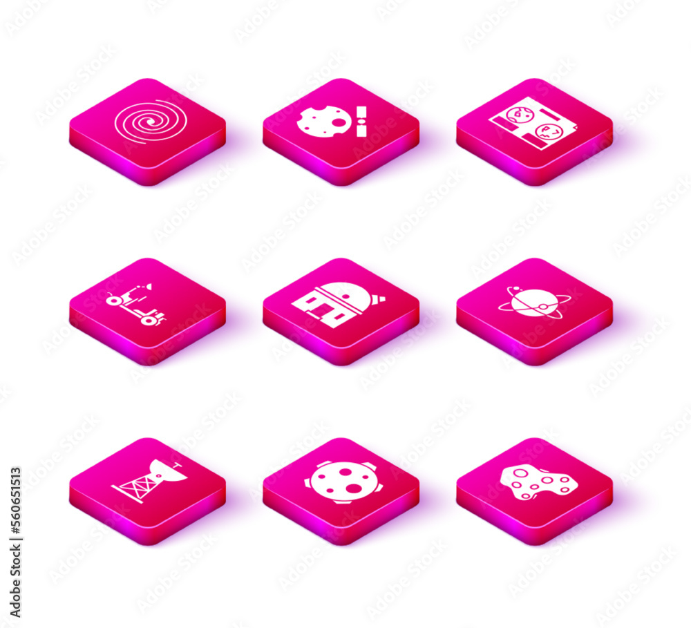Set Satellite dish, Planet, Mars rover, Astronomical observatory, Asteroid, Satellites orbiting the planet Earth, Celestial map of night sky and icon. Vector Set Satellite dish, Planet, Mars rover, Astronomical observatory, Asteroid, Satellites orbiting the planet Earth, Celestial map of night sky and icon. Vector