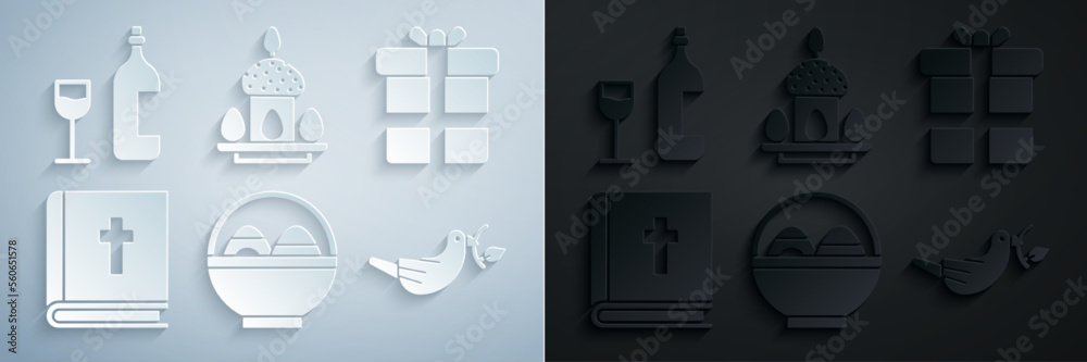 Set Basket with easter eggs, Gift box, Holy bible book, Peace dove olive branch, Easter cake and and Wine bottle glass icon. Vector Set Basket with easter eggs, Gift box, Holy bible book, Peace dove olive branch, Easter cake and and Wine bottle glass icon. Vector