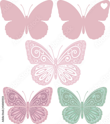 Cute Butterflies boho style on white background