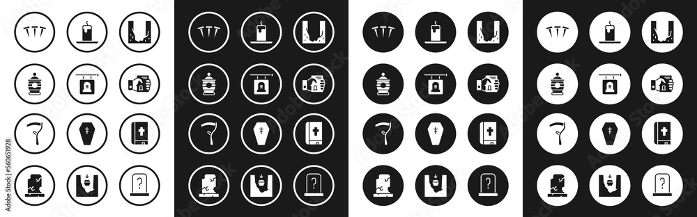 Set Cemetery digged grave hole, Signboard tombstone, Funeral urn, Metallic nails, Death certificate in hand, Burning candle, Holy bible book and Scythe icon. Vector Set Cemetery digged grave hole, Signboard tombstone, Funeral urn, Metallic nails, Death certificate in hand, Burning candle, Holy bible book and Scythe icon. Vector
