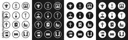 Set Mourning photo frame, Shovel, Grave with cross, Christmas angel, Hammer, Location grave, Church building and Christian icon. Vector