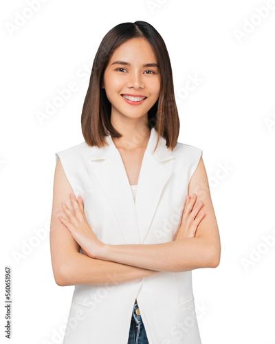Studio shot of cheerful beautiful Asian woman in t-shirt and stand with smile on screen background, PNG transparent.
