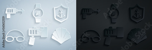 Set Flashlight, Anchor inside shield, Glasses and cap, Scallop sea shell, Compass and Fishing harpoon icon. Vector