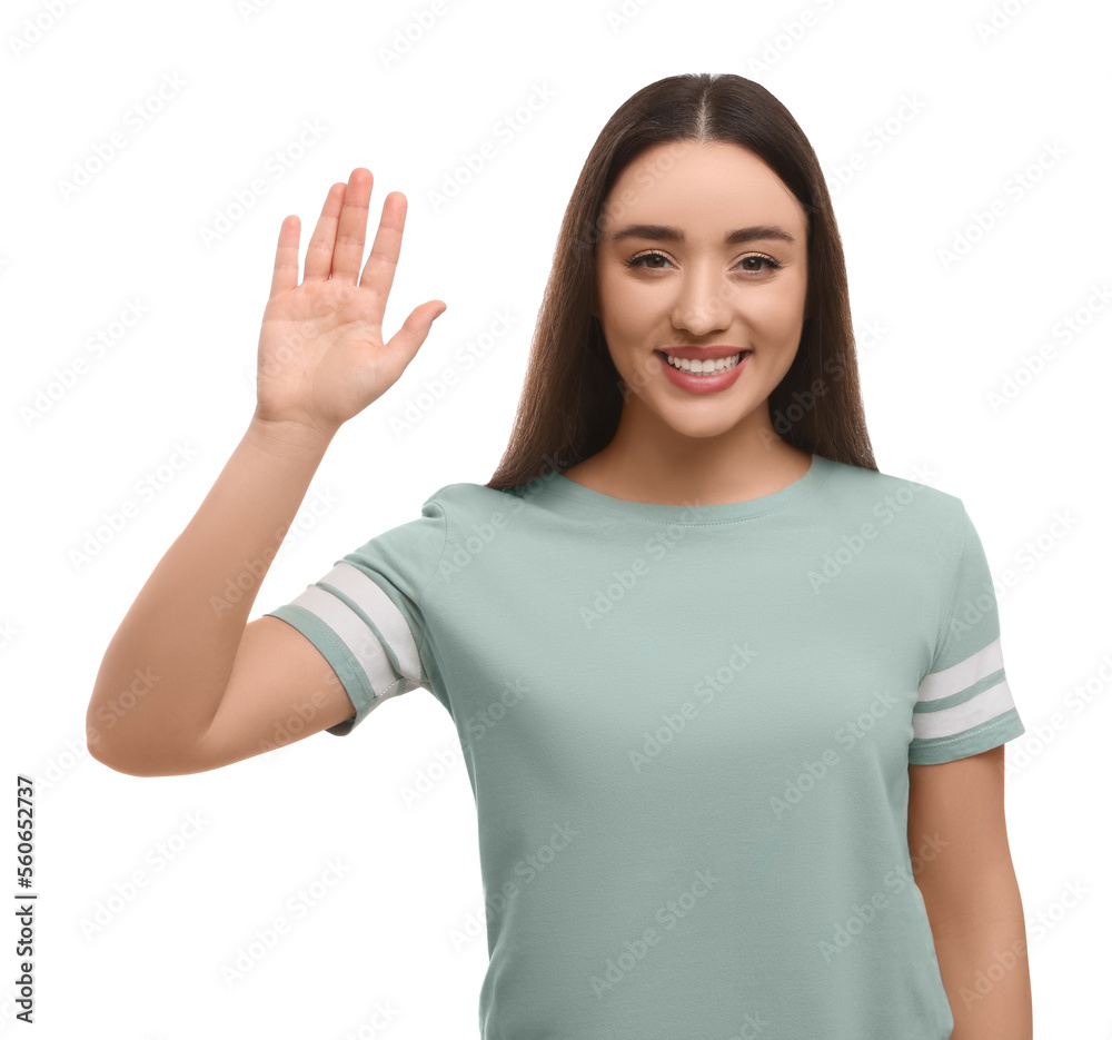 Happy woman giving high five on white background Happy woman giving high five on white background