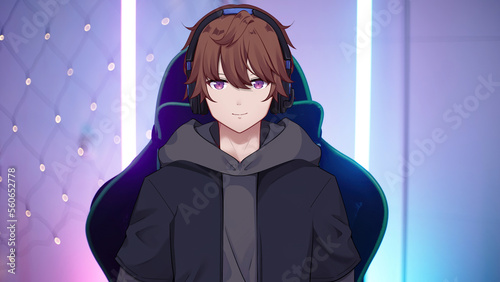 Male 2D vtuber with headphones on gaming chair in bedroom streaming online