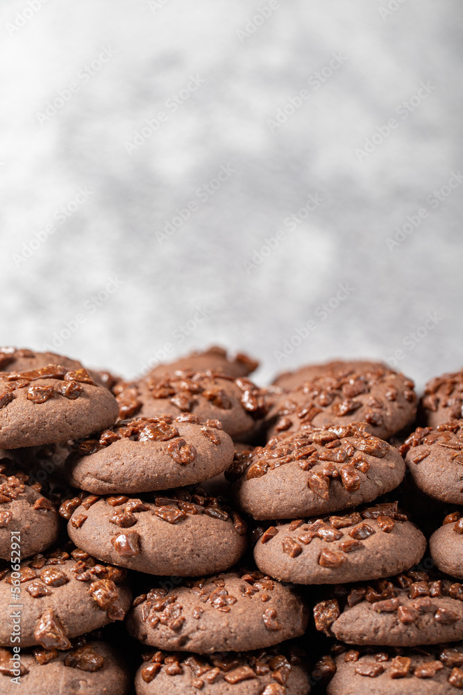 Chocolate and cocoa cookies. Fresh chocolate chip cookies. Bakery products. close up Chocolate and cocoa cookies. Fresh chocolate chip cookies. Bakery products. close up