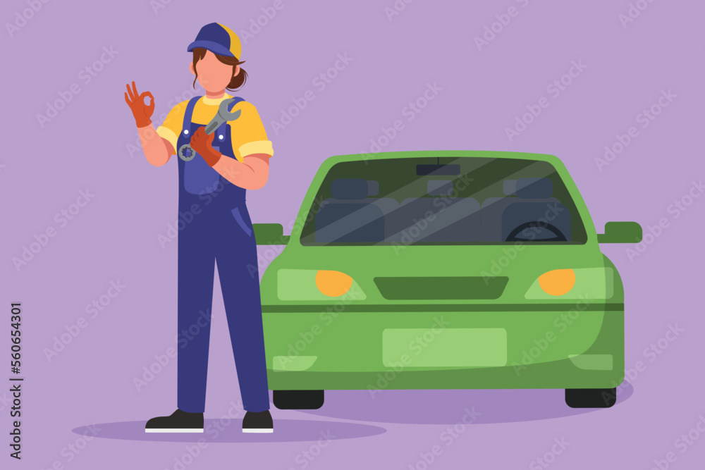 Graphic flat design drawing female mechanic standing in front of car with okay gesture and holding wrench to perform maintenance on vehicle engine or transportation. Cartoon style vector illustration Graphic flat design drawing female mechanic standing in front of car with okay gesture and holding wrench to perform maintenance on vehicle engine or transportation. Cartoon style vector illustration