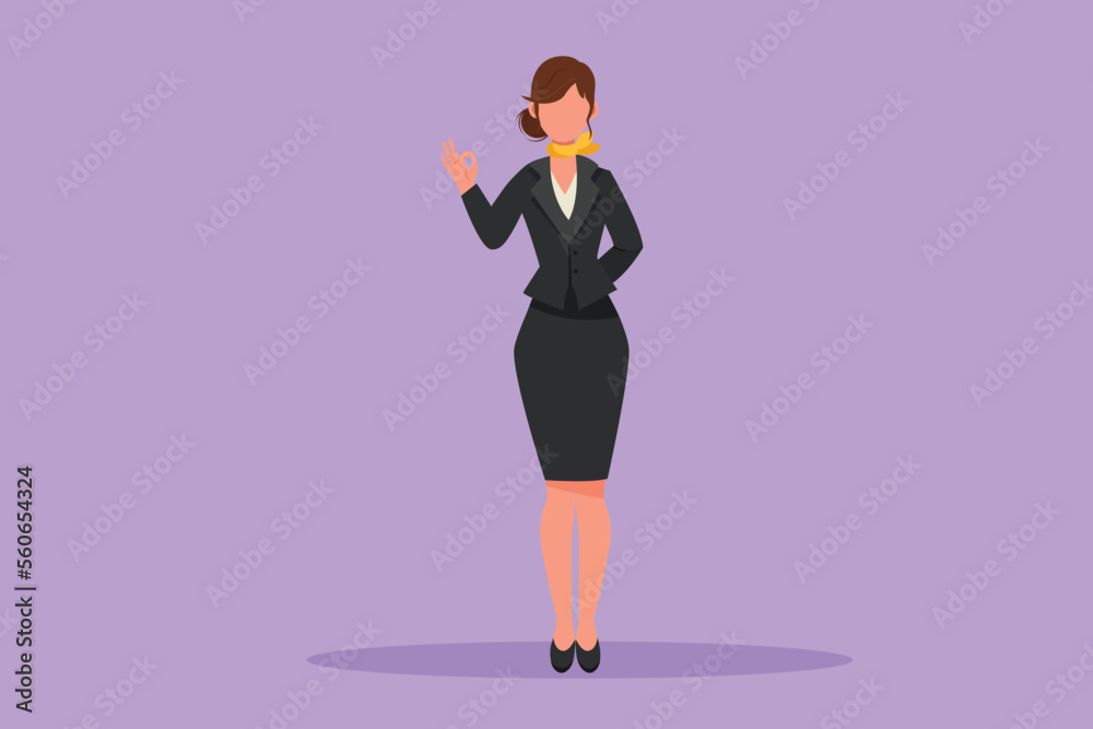 Character flat drawing beauty female flight attendant standing in uniform with okay gesture prepare at airport for flying and serve passenger to their destination. Cartoon design vector illustration Character flat drawing beauty female flight attendant standing in uniform with okay gesture prepare at airport for flying and serve passenger to their destination. Cartoon design vector illustration