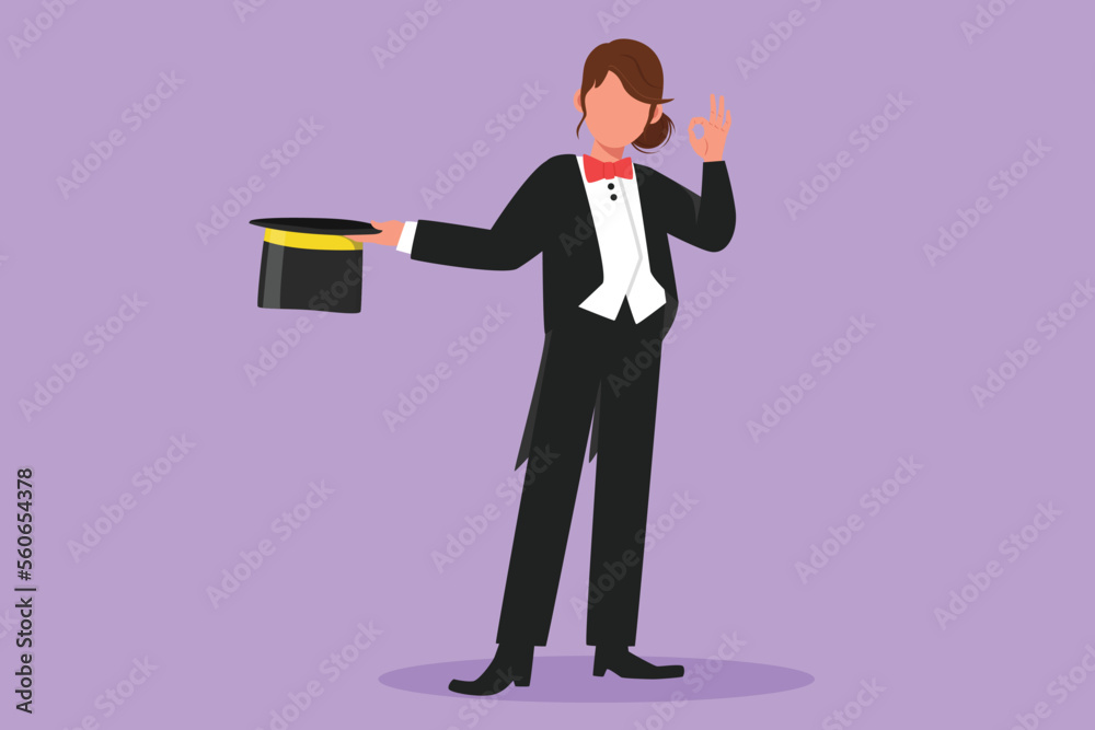 Cartoon flat style drawing beauty female magician standing in suit with okay gesture holding her hat and magic wand, performing tricks at circus show entertainment. Graphic design vector illustration Cartoon flat style drawing beauty female magician standing in suit with okay gesture holding her hat and magic wand, performing tricks at circus show entertainment. Graphic design vector illustration