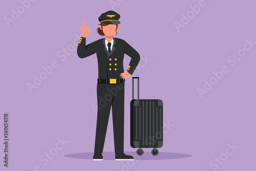 Cartoon flat style drawing of female pilot standing with okay gesture with uniform, ready to riding or flying airplane for bringing passengers to their destination. Graphic design vector illustration