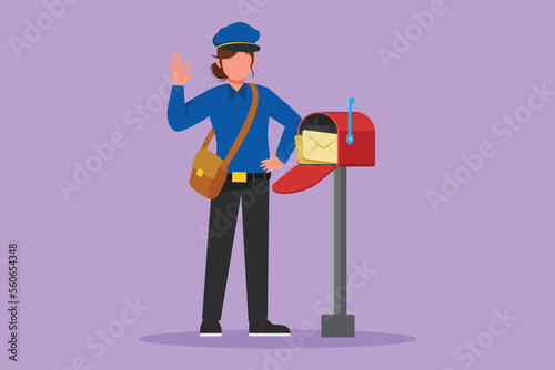 Graphic flat design drawing of postwoman standing near mailbox with okay gesture standing in hat, bag, uniform, holding an envelope. Delivering mail to home address. Cartoon style vector illustration