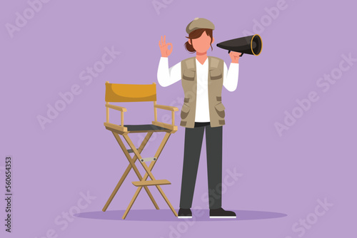 Character flat drawing beautiful female film director standing and holding megaphone with okay gesture while prepare camera crew for shooting action romantic series. Cartoon design vector illustration