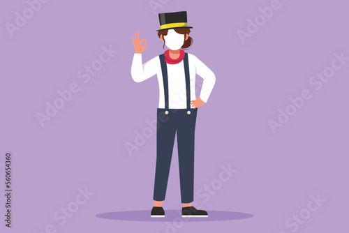 Graphic flat design drawing female mime artist standing with okay gesture, white make up face, makes audience laugh with silent comedy. Entertainment worker on work. Cartoon style vector illustration