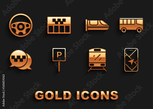 Set Parking, Bus, City map navigation, Train, Taxi call telephone service, High-speed train, Steering wheel and Taximeter icon. Vector