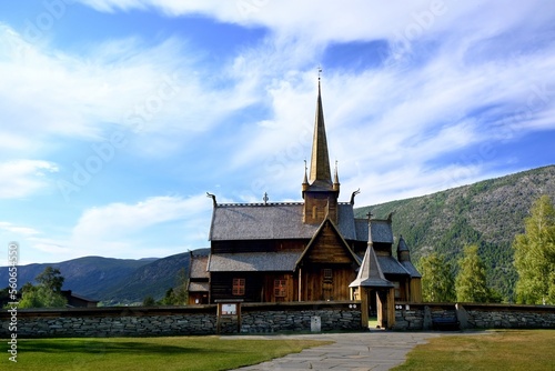 Stave church in Lom (Lom stave church) - a stave (post) church, located in the Norwegian city of Lom. It was created in the middle of the 12th century. Norway photo