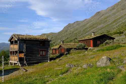 Traditional wooden turf houses in the Norwegian mountains.  Spiterstulen - Norwegian tourist hostel located in Jotunheimen Mountains, in Visdalen valley, on Visa River.  photo