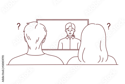 Confused couple sit on sofa frustrated with news on TV. Distressed man and woman shocked with reportage on television. Media propaganda. Vector illustration. 