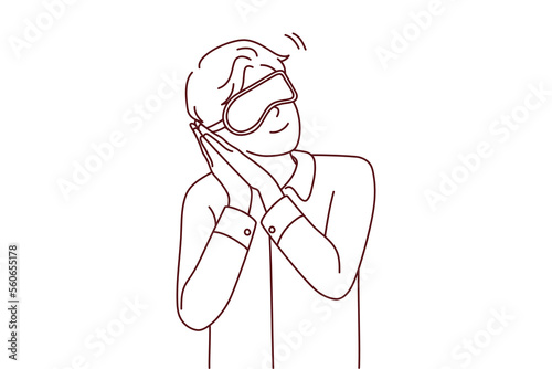 Sleepy man in eye mask ready for daydream or sleep. Happy guy in pajama preparing for nap or bedtime. Relaxation and fatigue. Vector illustration. 