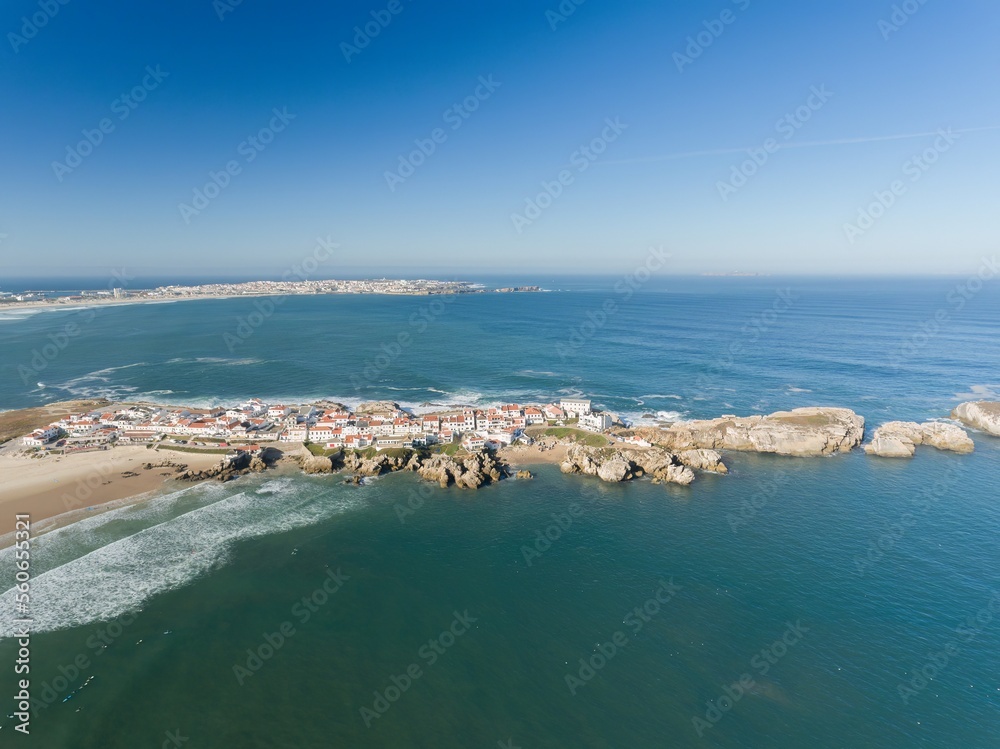 Aerial view of the cliff coastline of Atlantic Ocean. Baleal, Peniche, Portugal.
